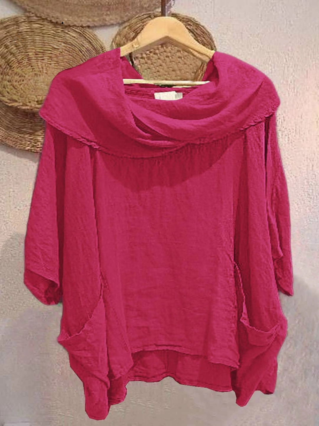 Women's Solid Color Draped Neck 3/4 Sleeve Comfortable Casual Pocket Top