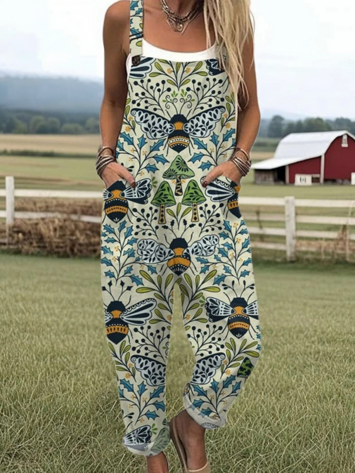 Women's Flying Bees Pattern Casual  Wide Leg Linen Jumpsuit
