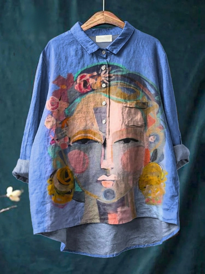 Oil Painting Freda Portrait Art Printed Women's Casual  Linen Shirt