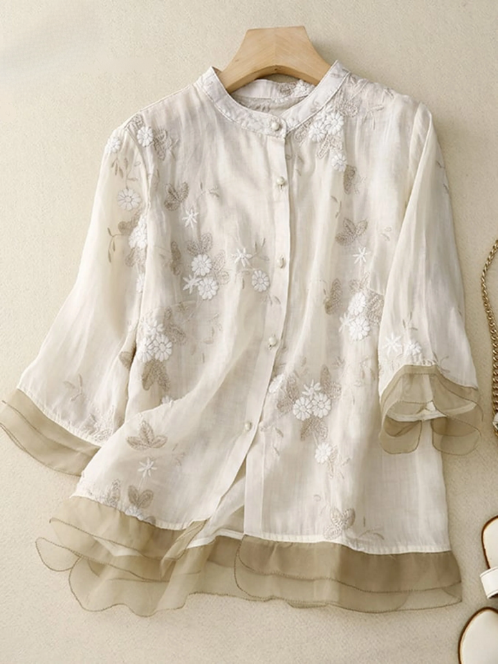 Art Retro Embroidery 3/4 Sleeve Patchwork Shirt