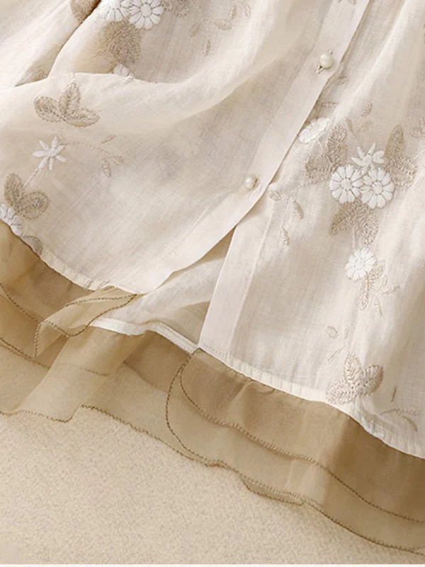 Art Retro Embroidery 3/4 Sleeve Patchwork Shirt