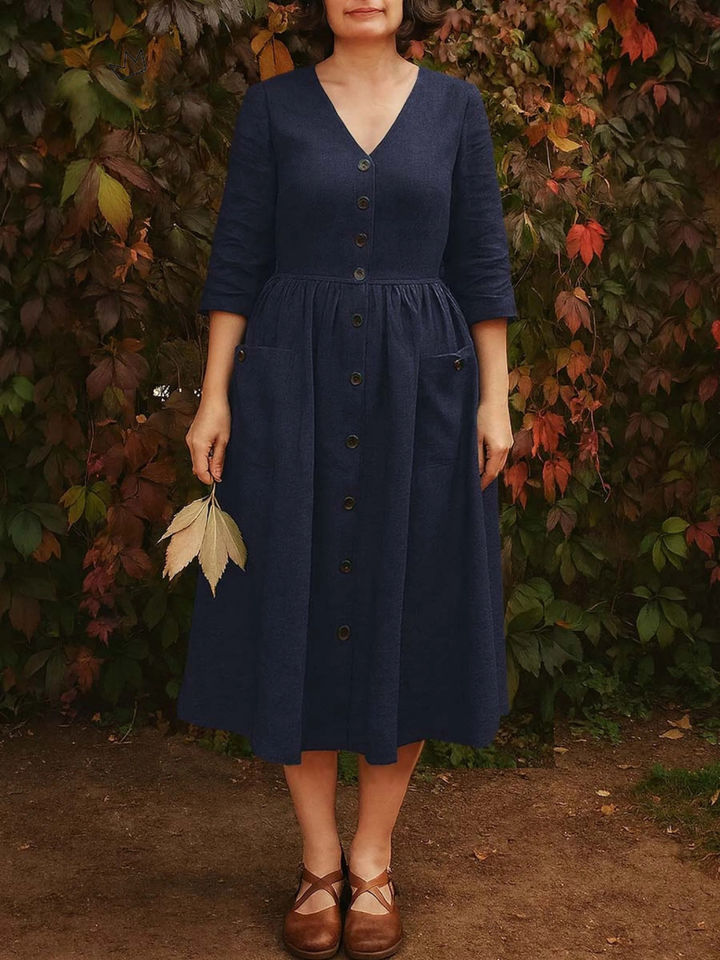 Women's Solid Color V-Neck 3/4 Sleeve Casual Loose Cotton and Linen Dress